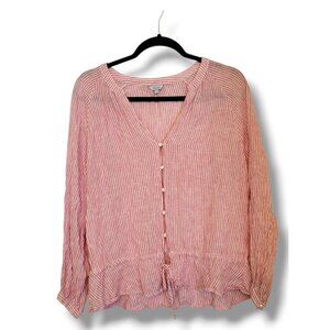 Rails Marti Linen Blend Red Striped V-Neck Peplum Long Puff Sleeve Blouse - L